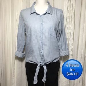 Button down blue chambray top with white polkadots